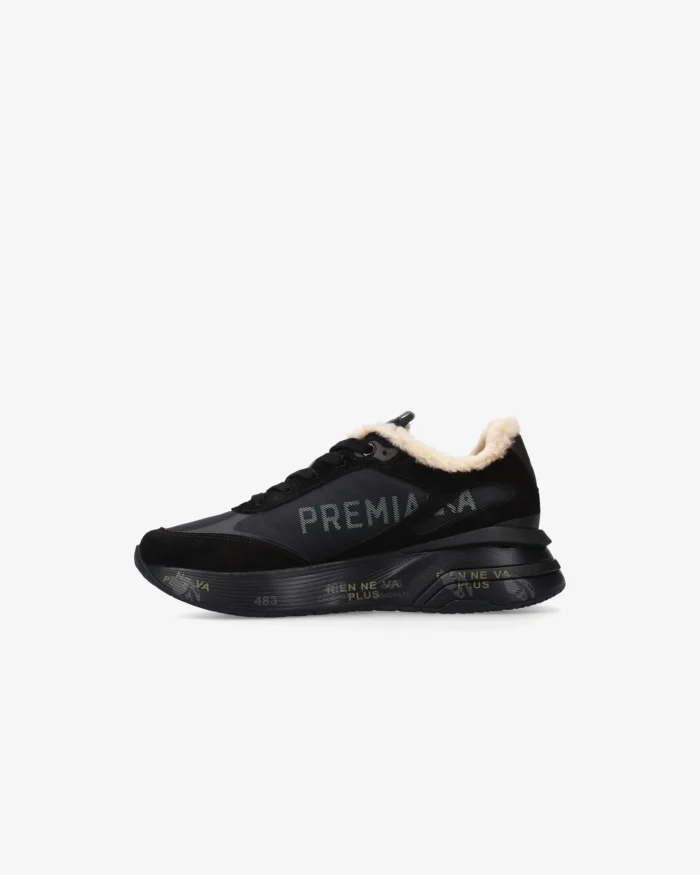 Sneakers Premiata Donna in Tessuto e Camoscio Nero e Pelliccia Interna art. Moerund 7795M, foto 3 di 5