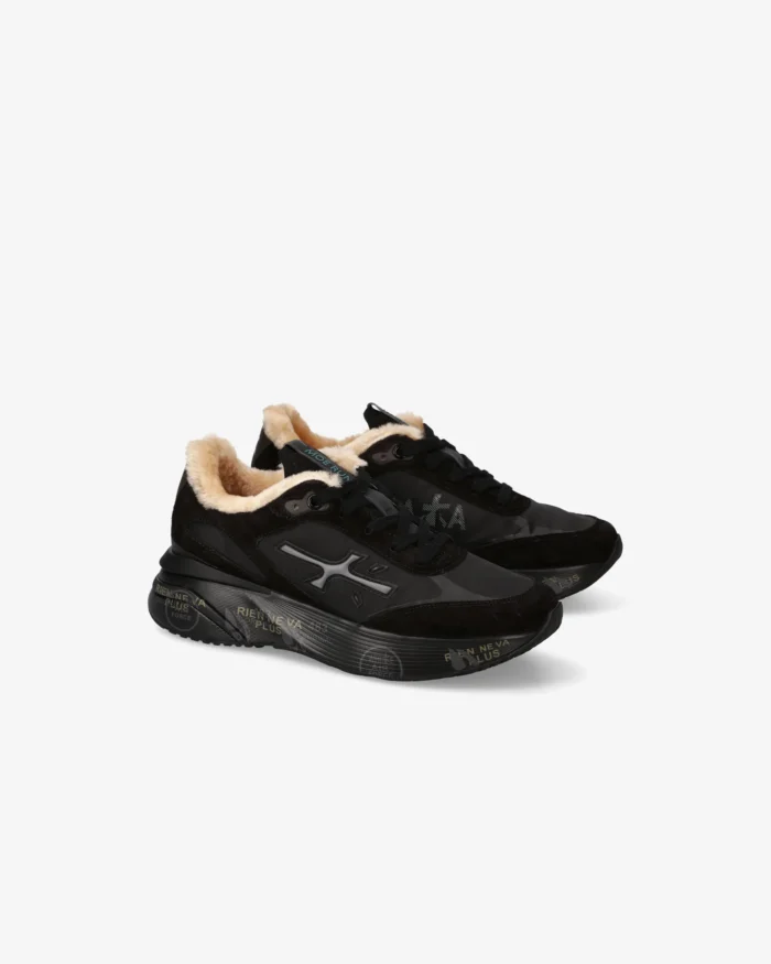 Sneakers Premiata Donna in Tessuto e Camoscio Nero e Pelliccia Interna art. Moerund 7795M, foto 5 di 5