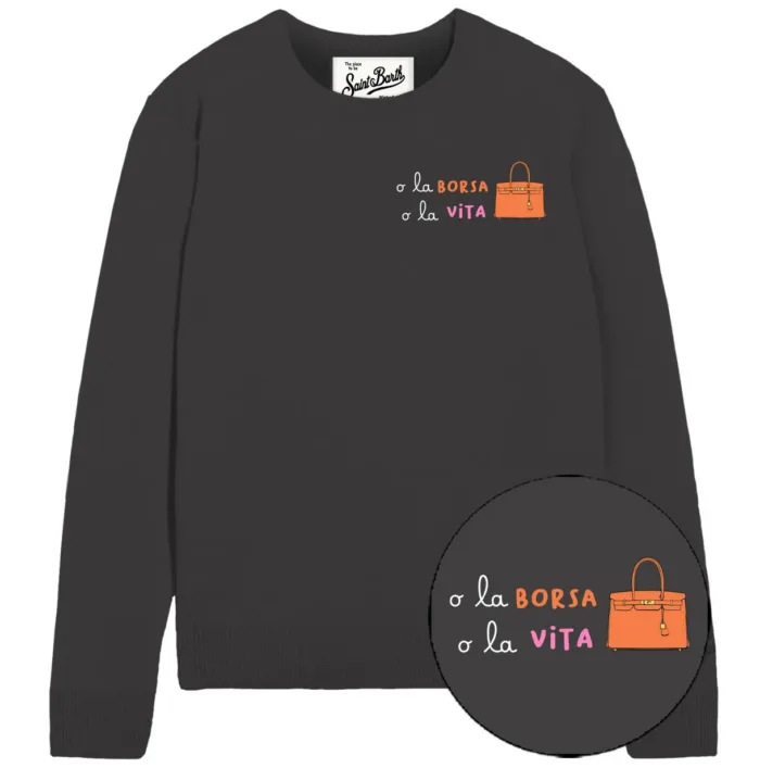 Maglione Girocollo Mc2 Saint Barth Nero Scritta Ricamata art. NEW QUEEN EMBRY BORSA O VITA 00, foto 1 di 1