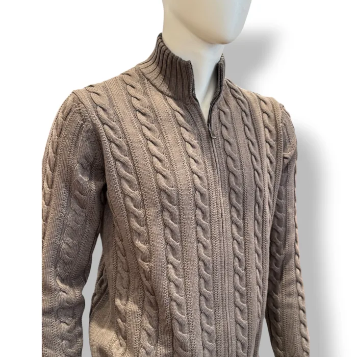 Cardigan Bluson Full Zip Filippo De Laurentiis in Lana Extrafine Merino Verde Oliva Con Trecce art. FZ3ML WM7T 520, foto 2 di 2