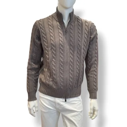 Cardigan Bluson Full Zip Filippo De Laurentiis in Lana Extrafine Merino Verde Oliva Con Trecce art. FZ3ML WM7T 520