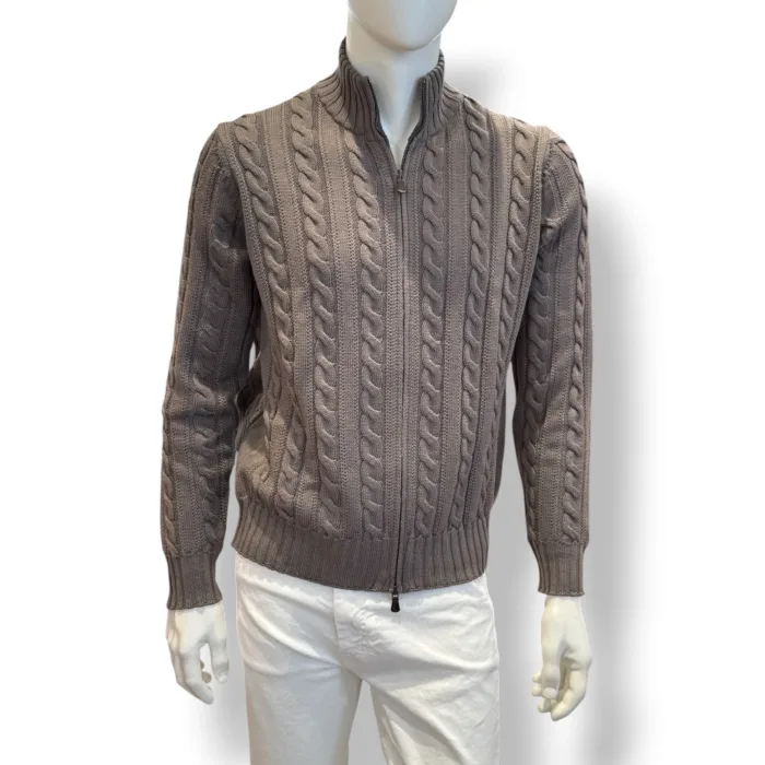 Cardigan Bluson Full Zip Filippo De Laurentiis in Lana Extrafine Merino Verde Oliva Con Trecce art. FZ3ML WM7T 520, foto 1 di 2