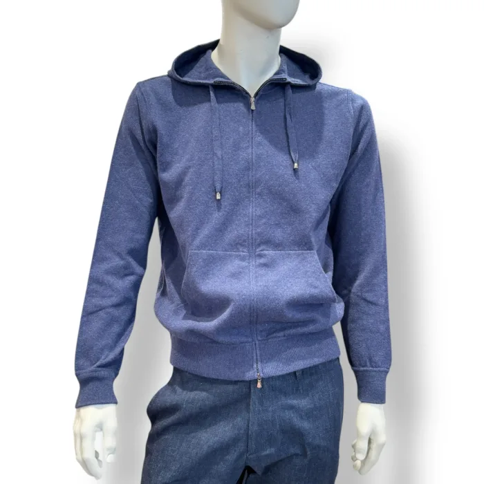 Felpa In Maglia con Cappuccio E Zip Filippo De Laurentiis in Misto Lana Cashmere Blu Avion art. FH1ML2AT WC12R 870, foto 1 di 2