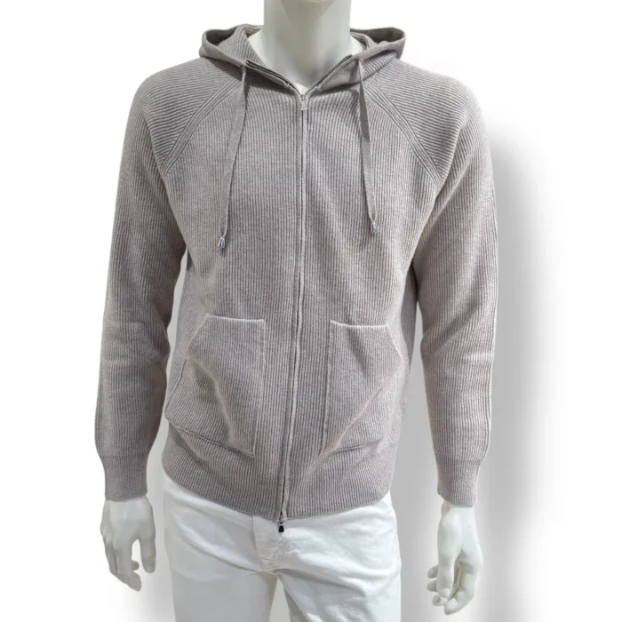 Maglione Full Zip Con Cappuccio Filippo De Laurentiis in misto Lana e Cashmere Costa Inglese Beige Pomice Art. FH1MLRT WC12I 081, foto 1 di 2
