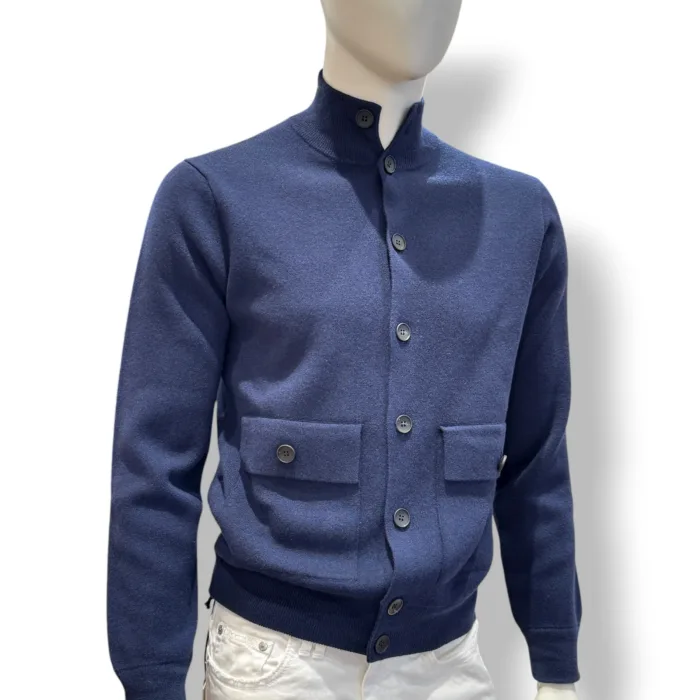 Cardigan Bluson Filippo De Laurentiis in Misto Lana Cashmere Finezza 12 Blu art. BB1MLT WC12D 880, foto 2 di 2