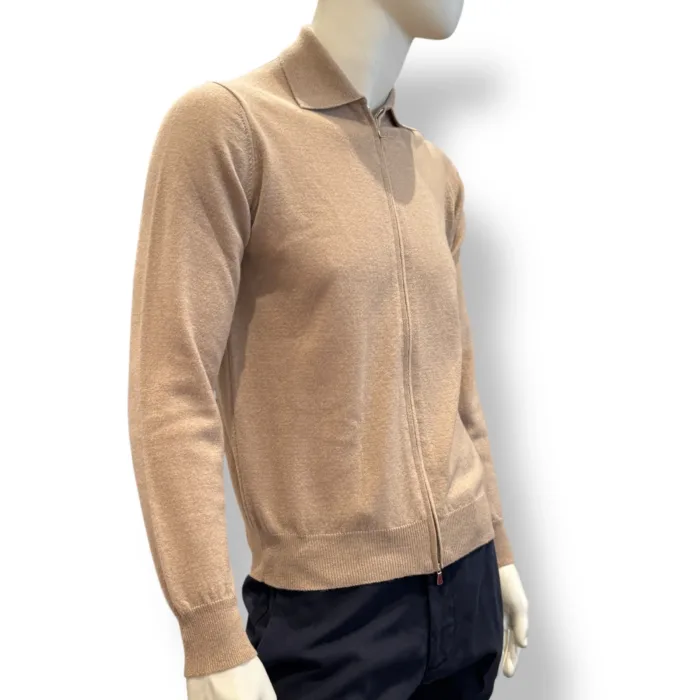 Cardigan In Maglia con Zip e Colletto Filippo De Laurentiis in Misto Lana Cashmere Beige art. FP1ML WC12R 061, foto 2 di 2