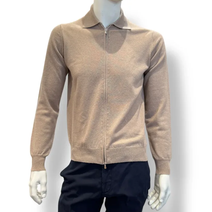 Cardigan In Maglia con Zip e Colletto Filippo De Laurentiis in Misto Lana Cashmere Beige art. FP1ML WC12R 061, foto 1 di 2