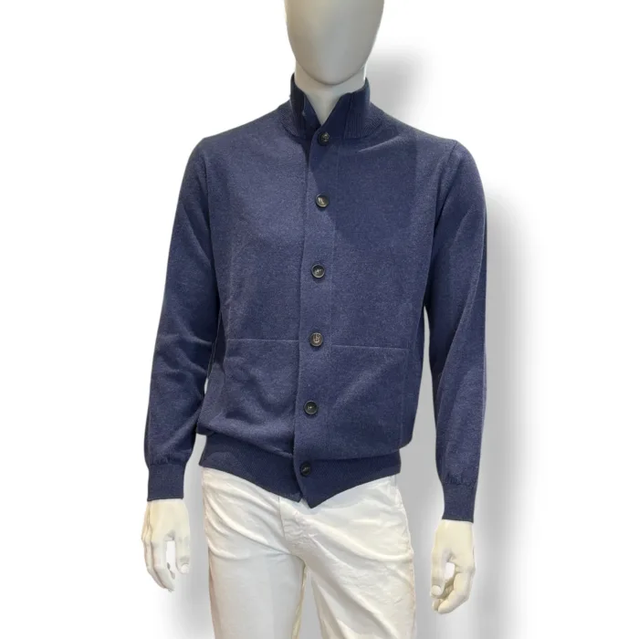 Cardigan Bluson Filippo De Laurentiis in Misto Lana Cashmere Finezza 12 Blu Avion art. BB1MLT WC12R 870, foto 1 di 2
