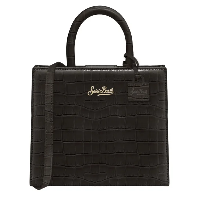 Borsa A Mano Media con Tracolla Mc2 Saint Barth in Pelle Cocco Nera art. Shop Bag Midi Printed Croco Leather 00, foto 1 di 1
