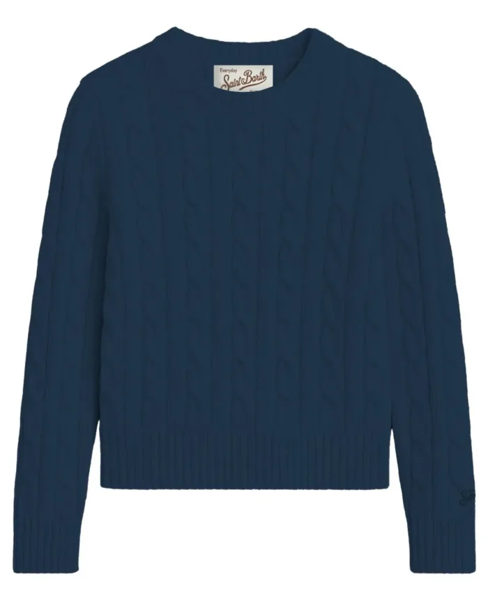 Maglione Girocollo con Trecce Mc2 Saint Barth Blu art. SORBONNE BRAID WOOL 62 NIGHT BLUE, foto 1 di 1