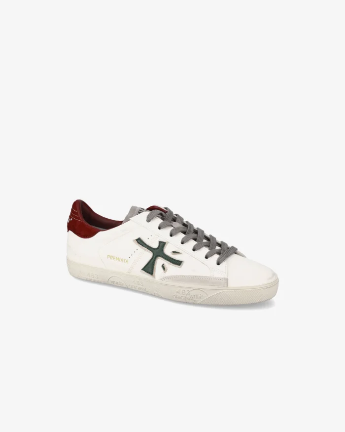 Sneakers Premiata Uomo in Pelle Bianca Spoiler Bordeaux art. Steven 7631, foto 2 di 6