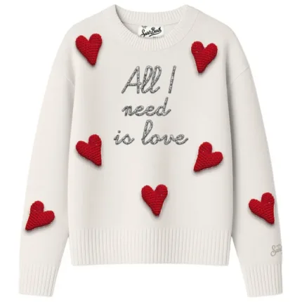 Maglione Girocollo Mc2 Saint Barth Avorio Scritta Rilievo Lurex e Cuori art. TESSA ALL I NEED HEART 10 PATCH