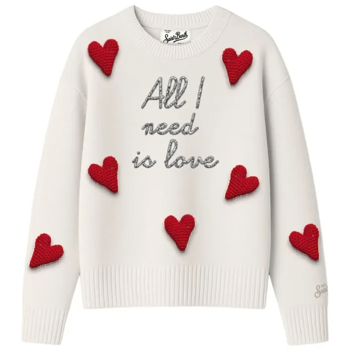 Maglione Girocollo Mc2 Saint Barth Avorio Scritta Rilievo Lurex e Cuori art. TESSA ALL I NEED HEART 10 PATCH, foto 1 di 1