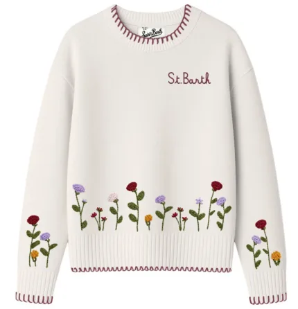 Maglione Girocollo Mc2 Saint Barth Avorio con Ricamo Bordeaux art. TESSA FLOWERS BOUQUET DRAW 10 PATCH