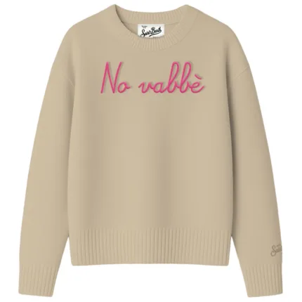 Maglione Girocollo Mc2 Saint Barth Beige Scritta Fucsia art. TESSA NO VABBE 11 EMB