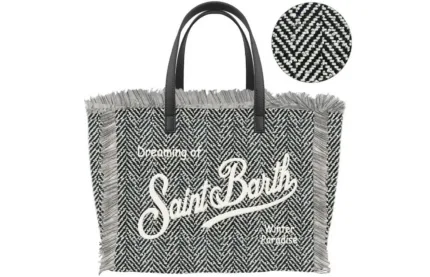 Borsa A Mano Piccola con Tracolla Mc2 Saint Barth in Lana Bianca e Nera art. Vanity Mini Wool N Herringbone Strass 00 Emb