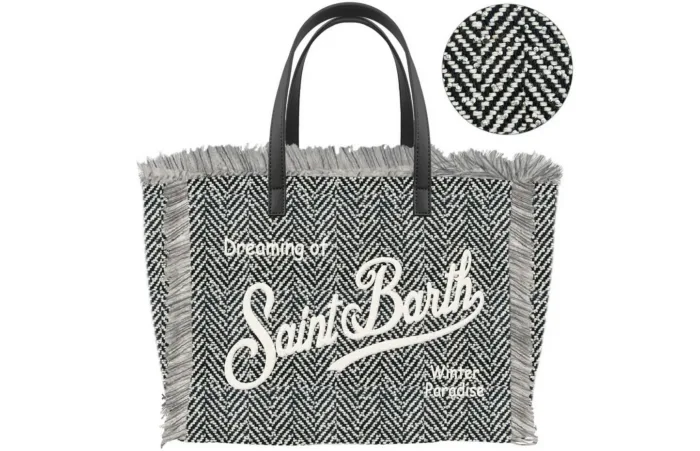 Borsa A Mano Piccola con Tracolla Mc2 Saint Barth in Lana Bianca e Nera art. Vanity Mini Wool N Herringbone Strass 00 Emb, foto 1 di 1
