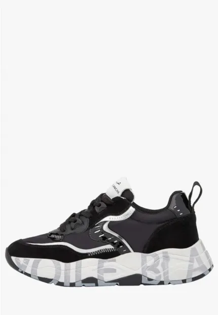 Sneakers Voile Blanche Donna in Camoscio e Nylon Nero, Dettagli Argento art. Club 105 Black Silver 1A03