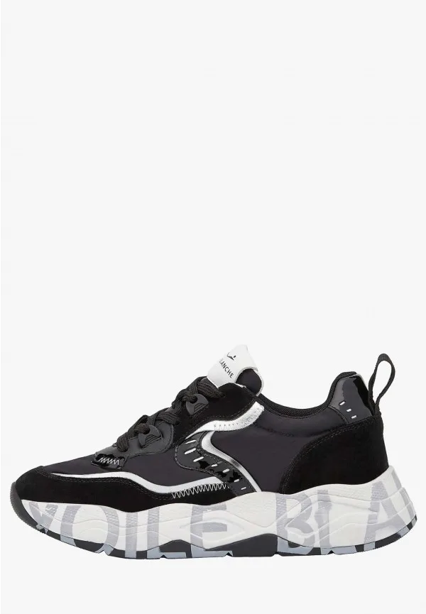 Sneakers Voile Blanche Donna in Camoscio e Nylon Nero, Dettagli Argento art. Club 105 Black Silver 1A03, foto 1 di 5