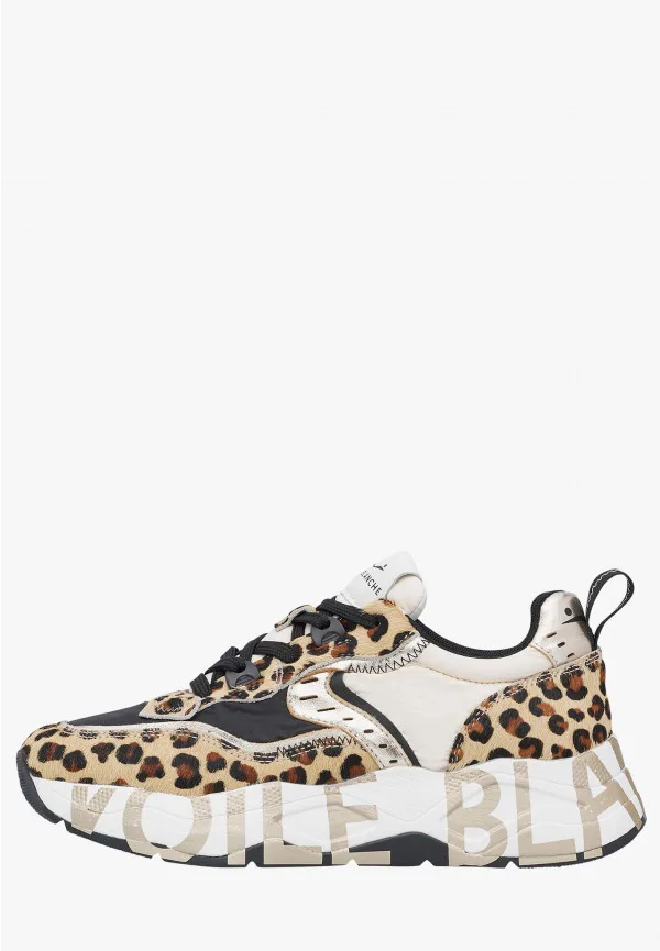 Sneakers Voile Blanche Donna in Camoscio Beige Maculato e Nylon Nero art. Club 105 Leopard Platinum 3D31, foto 1 di 5