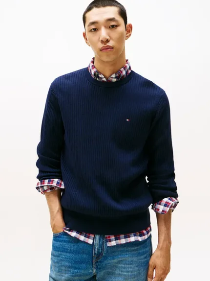 Maglione Girocollo a Costine Uomo In Cotone e Cashmere Tommy Hilfiger Blu art. MW0MW40449 DW5