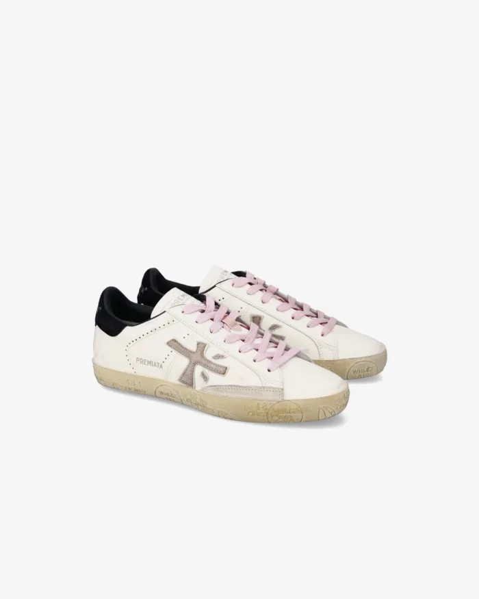 Sneakers Premiata Donna in Pelle Bianca e Laccio Rosa Spoiler Blu art. Stevend 7602, foto 4 di 5