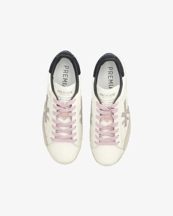 Sneakers Premiata Donna in Pelle Bianca e Laccio Rosa Spoiler Blu art. Stevend 7602, foto 5 di 5