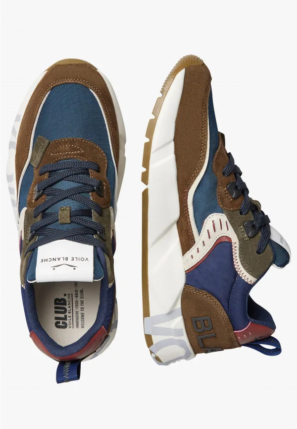 Sneakers Voile Blanche Uomo in Camoscio Marrone e Nylon Blu art. Club 01 Brown Navy 3D74, foto 3 di 5