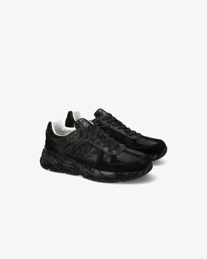 Sneakers Premiata Donna in Camoscio e Pelle Nera, Fondo Strass art. Mased 7094, foto 4 di 5