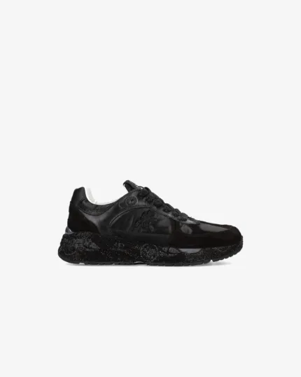 Sneakers Premiata Donna in Camoscio e Pelle Nera, Fondo Strass art. Mased 7094