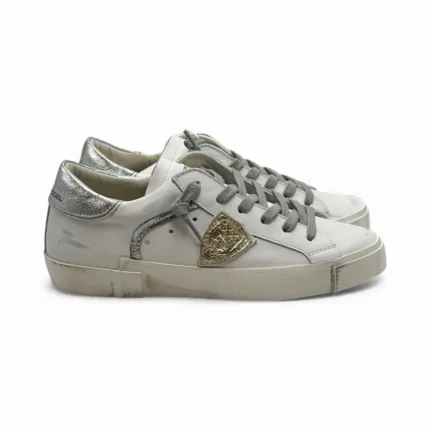 Sneakers Donna Philippe Model Paris Prsx In Pelle Bianca Spoiler  e Dettagli Argento art. PRLD VM04