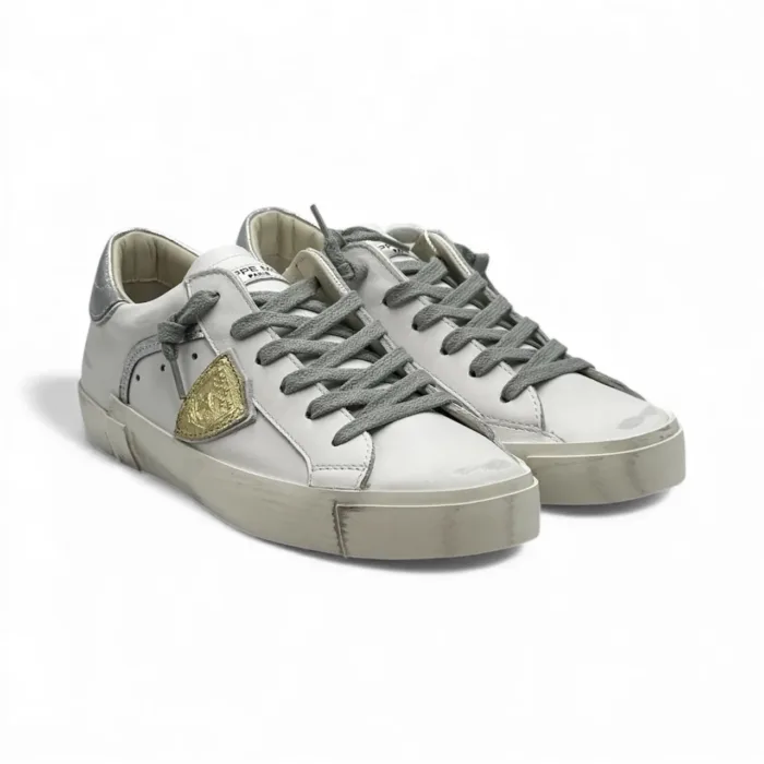 Sneakers Donna Philippe Model Paris Prsx In Pelle Bianca Spoiler  e Dettagli Argento art. PRLD VM04, foto 2 di 5