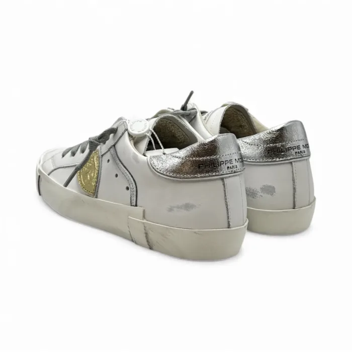 Sneakers Donna Philippe Model Paris Prsx In Pelle Bianca Spoiler  e Dettagli Argento art. PRLD VM04, foto 4 di 5