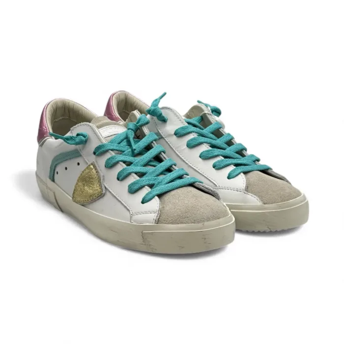Sneakers Donna Philippe Model Paris Prsx In Pelle Bianca Spoiler Oro Rosa e Linguetta in Camoscio art. PRLD VM05, foto 2 di 5