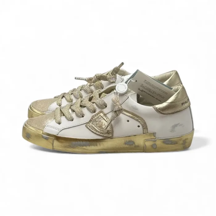 Sneakers Donna Philippe Model Paris Prsx In Pelle Bianca Spoiler e Dettagli Oro art. PRLD VMM1, foto 3 di 6