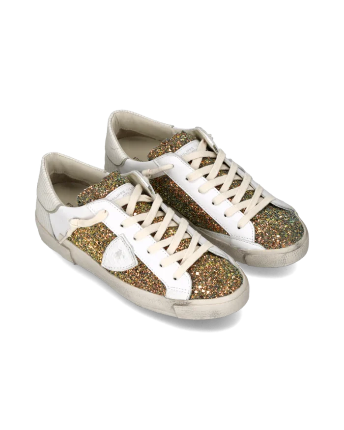 Sneakers Donna Paris Prsx Philippe Model in Pelle Bianca e Dettagli Glitter art. PRLD GA05, foto 2 di 6