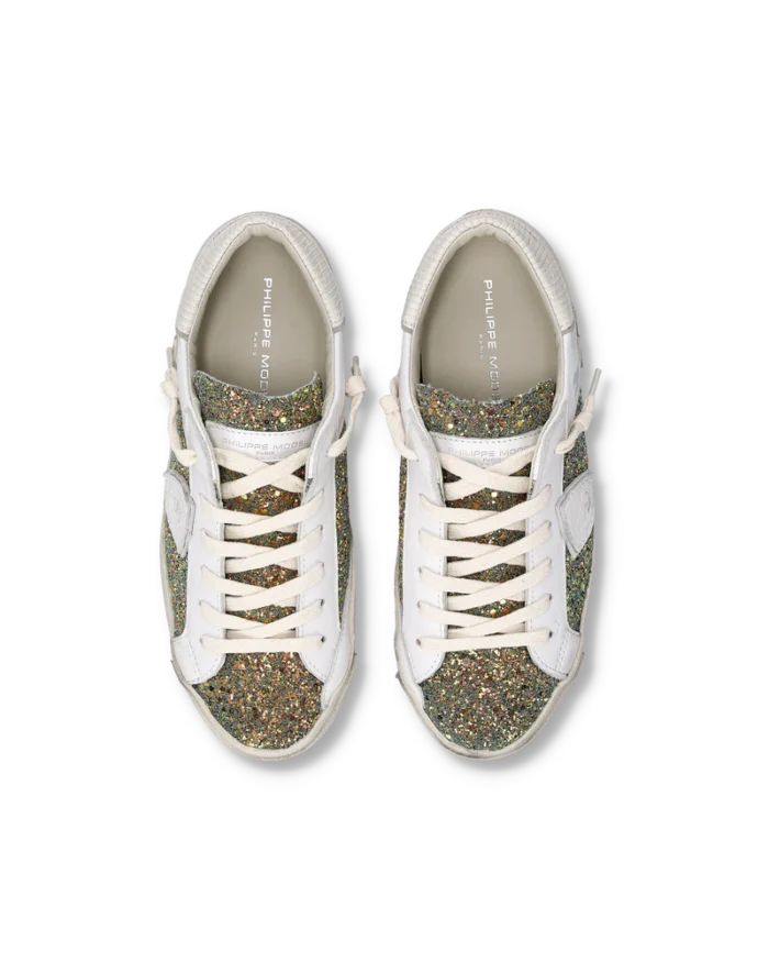 Sneakers Donna Paris Prsx Philippe Model in Pelle Bianca e Dettagli Glitter art. PRLD GA05, foto 3 di 6