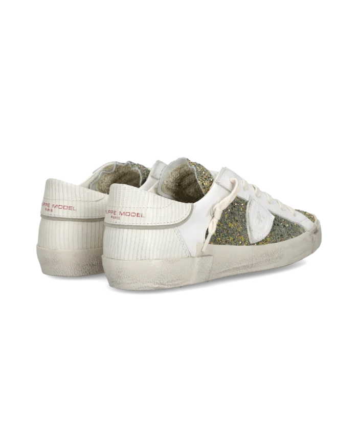 Sneakers Donna Paris Prsx Philippe Model in Pelle Bianca e Dettagli Glitter art. PRLD GA05, foto 4 di 6