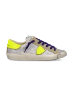 Sneakers Donna Paris Prsx Philippe Model con Strass Argento e Spoiler Fluo, Laccio Viola art. PRLD GG07