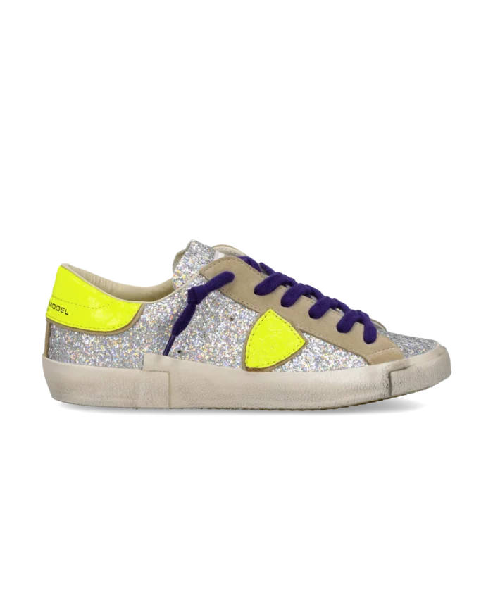 Sneakers Donna Paris Prsx Philippe Model con Strass Argento e Spoiler Fluo, Laccio Viola art. PRLD GG07, foto 1 di 6