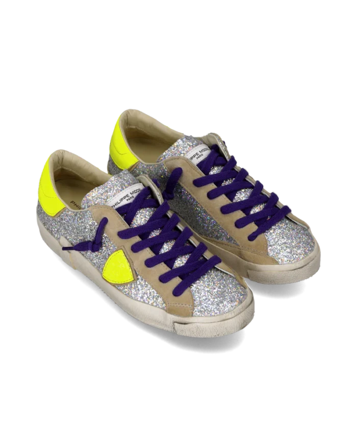 Sneakers Donna Paris Prsx Philippe Model con Strass Argento e Spoiler Fluo, Laccio Viola art. PRLD GG07, foto 2 di 6