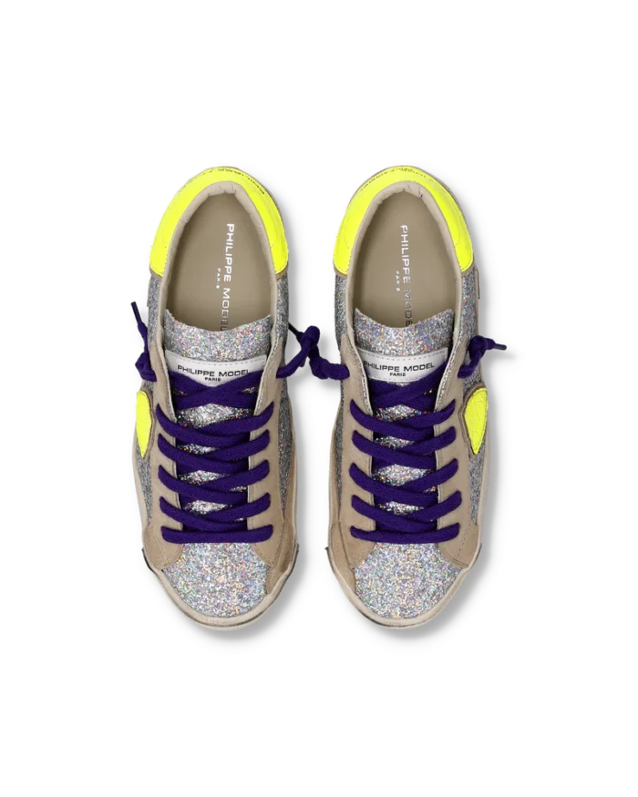 Sneakers Donna Paris Prsx Philippe Model con Strass Argento e Spoiler Fluo, Laccio Viola art. PRLD GG07, foto 3 di 6