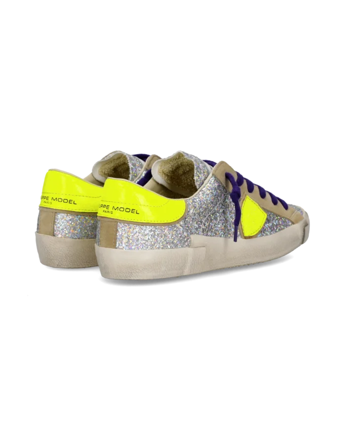 Sneakers Donna Paris Prsx Philippe Model con Strass Argento e Spoiler Fluo, Laccio Viola art. PRLD GG07, foto 4 di 6