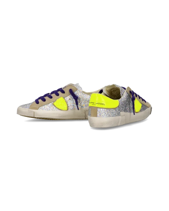 Sneakers Donna Paris Prsx Philippe Model con Strass Argento e Spoiler Fluo, Laccio Viola art. PRLD GG07, foto 6 di 6