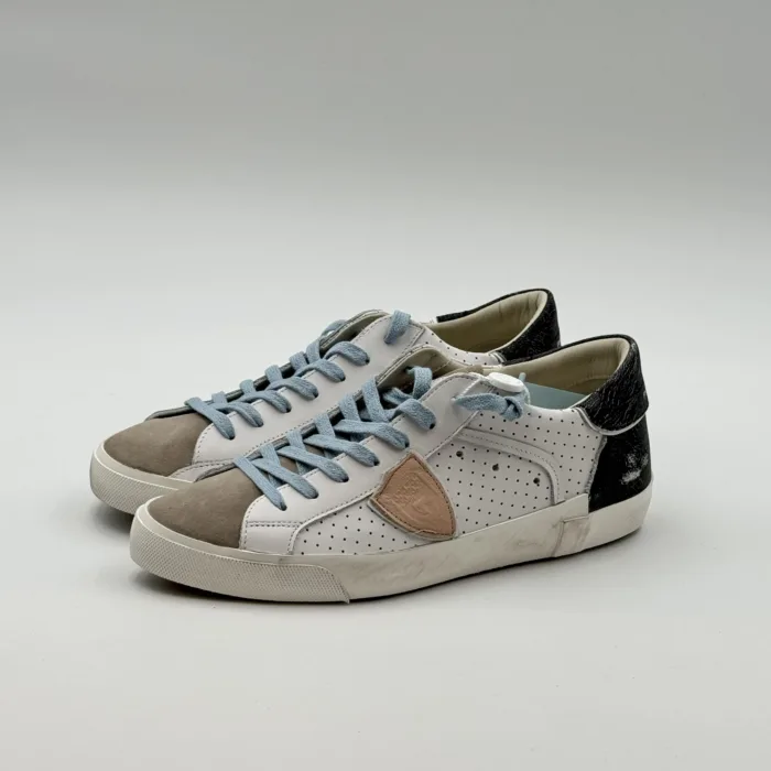 Sneakers Uomo Paris Prsx Philippe Model in Pelle Traforata Bianca con Back Nero e Linguetta in Camoscio art. PRLU VPP1, foto 2 di 5