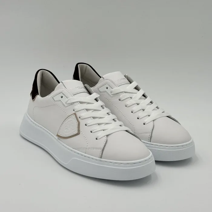 Sneakers Uomo Philippe Model Temple in Pelle Bianca,Spoiler Nabuck Marrone art. BTLU VU01, foto 4 di 5