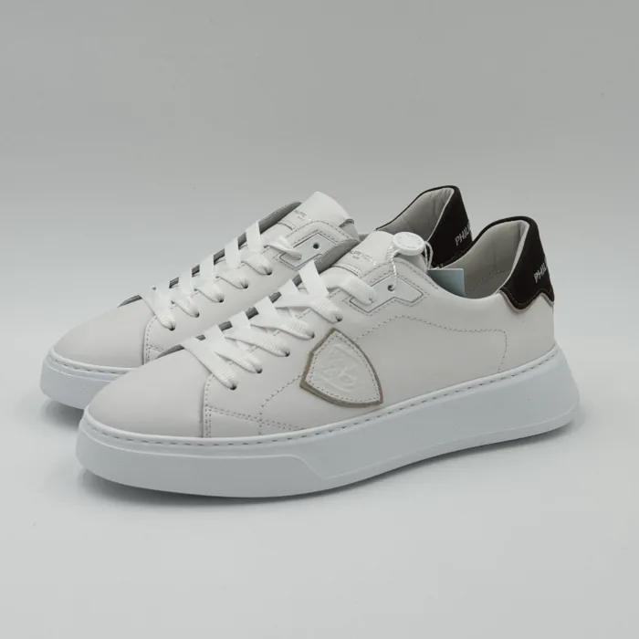 Sneakers Uomo Philippe Model Temple in Pelle Bianca,Spoiler Nabuck Marrone art. BTLU VU01, foto 2 di 5