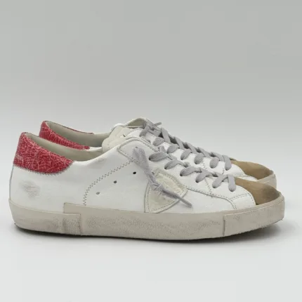 Sneakers Uomo Philippe Model  Paris Prsx in Pelle Avorio,Spoiler Rosso e Linguetta in Camoscio art. PRLU WX51