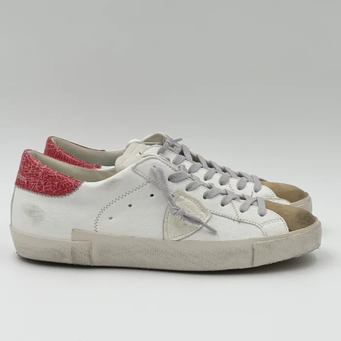 Sneakers Uomo Philippe Model  Paris Prsx in Pelle Avorio,Spoiler Rosso e Linguetta in Camoscio art. PRLU WX51, foto 1 di 4