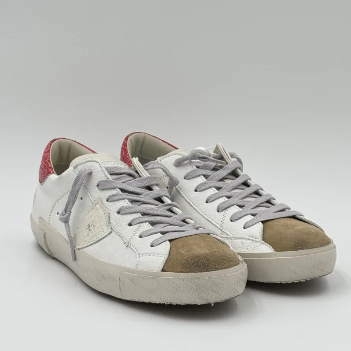 Sneakers Uomo Philippe Model  Paris Prsx in Pelle Avorio,Spoiler Rosso e Linguetta in Camoscio art. PRLU WX51, foto 2 di 4